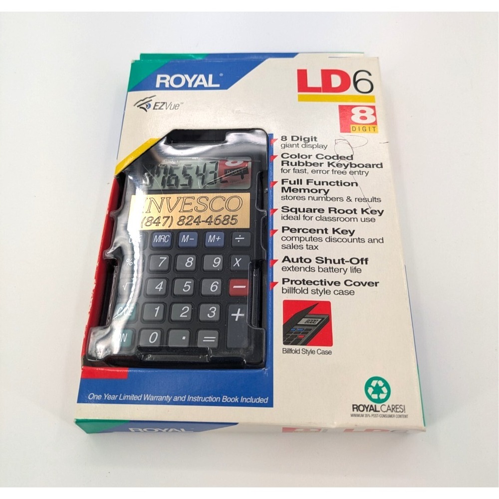 Vintage Royal LD6‎ Calculator Large 8-digit LCD Display Dual-Powered Lightweight